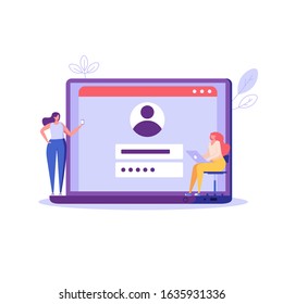 People registering online with user interface. Users use secure login and password. Concept of online registration, sign up, user interface. Vector illustration for UI, web banner, mobile app