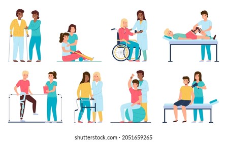 People rehab. Medical staff helps patients, physical health therapy, treatments and development joint mobility, therapists and nurses work, vector cartoon flat isolated set