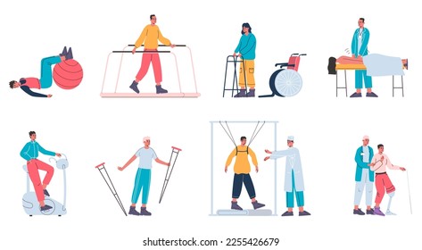 People rehabilitation. Physiotherapist doctor helps patients. Therapy exercise process. Mobility return. Restorative training. Massage and fitness. Health recovery
