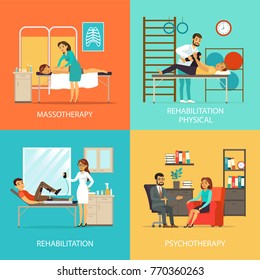 People rehabilitation square concept with massage manual therapy orthopedic exercises and physiotherapy vector illustration