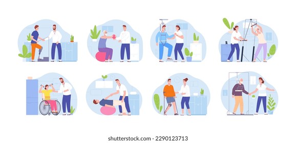 People rehabilitation therapy. Rehab walking disability patient after injury trauma, physiotherapy treatment in hospital gym wellness physical exercise vector illustration of rehabilitation therapy