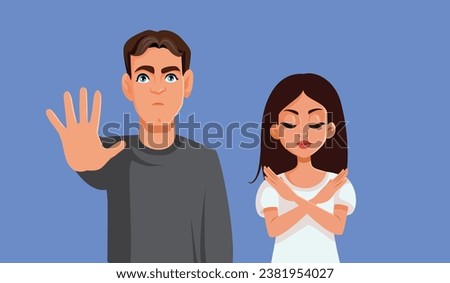 
People Rejecting Something Doing Stop Gesture Vector Cartoon. Man and woman exasperated by a situation protest and say no
