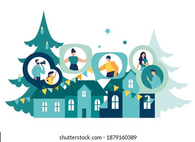 People rejoice and celebrate New 2021 at home, do decor, self-isolation and pandemic, vector illustration