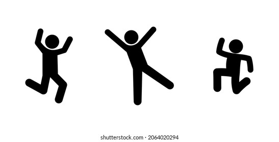 people rejoice and dance, jumping up man, stick figure human silhouettes, icon on white isolated