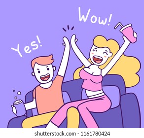 People rejoice at the event together concept. Vector illustration of happy woman and man sitting on sofa high five. Flat line art style design for web, site, banner, poster