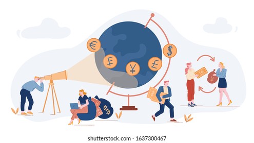 People Rejoice at Favorable Exchange Rate. Online Economy Applications for Quick Currency Exchange Euro Fran? Yen Pound Dollar. Trading and Global Economics Situation, Cartoon Flat Vector Illustration