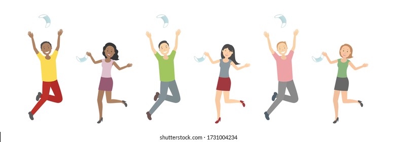 People rejoice at quarantine ending and toss medical masks. Vector illustration.