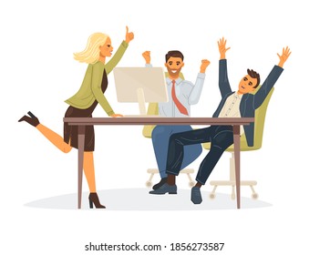 People rejoice at success of the solved problem, think about projects, discuss partnership. Team collaboration, holiday, achievement of goals. Business partners discuss prospects. Vector illustration.