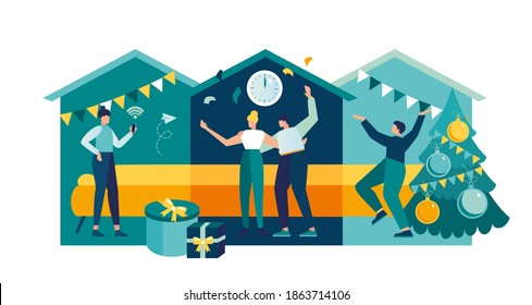 People rejoice and welcome the New 2021 year at home, do decor, self-isolation and pandemic, vector illustration