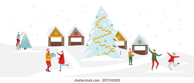 People rejoice in winter. Celebrating New Years and Christmas Eve against the backdrop of a winter landscape. People having fun and celebrating New Year 2022 and Christmas concept illustration.