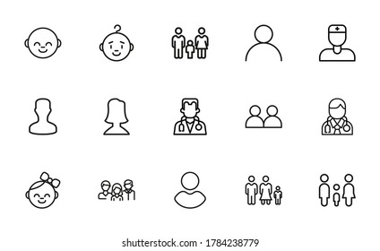 People related vector icon set. Well-crafted sign in thin line style with editable stroke. Vector symbols isolated on a white background. Simple pictograms.
