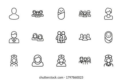 People related vector icon set. Well-crafted sign in thin line style with editable stroke. Vector symbols isolated on a white background. Simple pictograms.