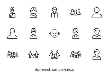 People related vector icon set. Well-crafted sign in thin line style with editable stroke. Vector symbols isolated on a white background. Simple pictograms.
