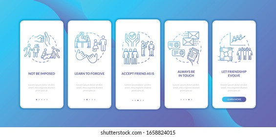 People relationship advices onboarding mobile app page screen with concepts. Accept and understand friends walkthrough 5 steps graphic instructions. UI vector template with RGB color illustrations