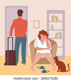 People, relationship difficulties, conflict and family concept - unhappy couple having argument at home. The woman cries, the man leaves the house.