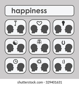 People relationships icons illustrated with symbols of happiness joy and love. Vector icons set 