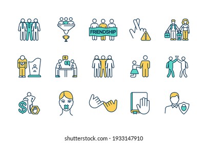 People relationships RGB color icons set. Friendly working connections. Friendship. Bereavement. Hand gesture. Gaining wealth. Reaching team goals. Keeping promises. Isolated vector illustrations svg