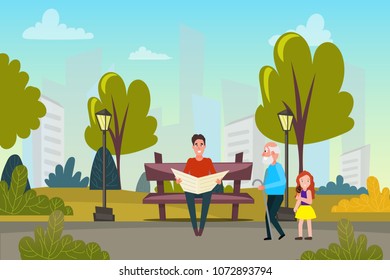 People relax in a beautiful city Park. Nature walk. City in the background. Cartoon, flat. vector.