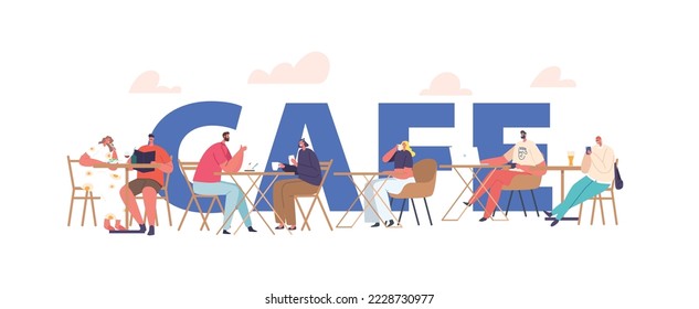 People Relax in Cafe Concept Male and Female Characters Sitting at Table Drinking, Eating Bakery, Communicate to Each Other. Leisure in Cafeteria Poster, Banner or Flyer. Cartoon Vector Illustration