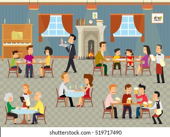 People Relax In The Cafeteria. Family With Children Eating At The Restaurant. Modern Interior Of A Small Cafe. Vector Illustration