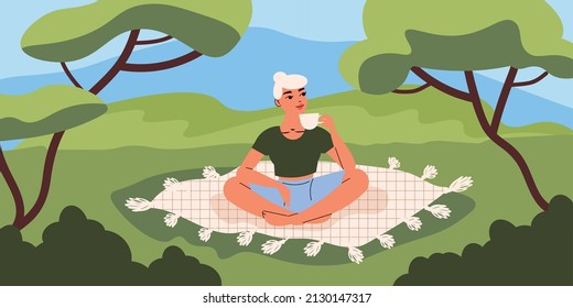 People relax colored illustration with young woman resting in nature and drinking tee sitting in lotus position flat vector illustration