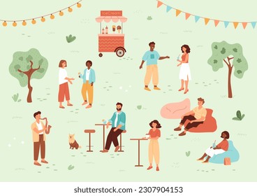 People relax and communicate in summer park on festival. Musician plays the saxophone. Outdoor weekend on music event. Street bar, cafe, ice cream cart. Woman in beanbag chair. Vector illustration. 