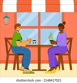 People relax and drink coffee outdoors. The building of the summer cafe with outdoor tables and chairs. Vector concept of a summer cafe. Flat vector illustration
