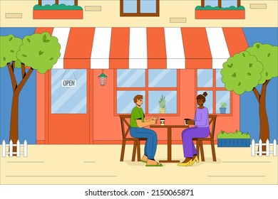 People relax and drink coffee outdoors. The building of the summer cafe with outdoor tables and chairs. Vector concept of a summer cafe. Flat vector illustration.