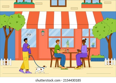 People relax and drink coffee outdoors. The building of the summer cafe with outdoor tables and chairs. Friendly man with a dog relax in the fresh air. Vector concept of a summer cafe. Flat vector
