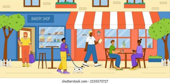 People relax and drink coffee outdoors. The characters eat in a street cafe, friendly people with a dog relax in the fresh air. The building of the city bakery with outdoor tables and chairs. Vector