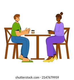 People relax and drink coffee. Romantic atmosphere, friends chatting. Flat vector illustration.