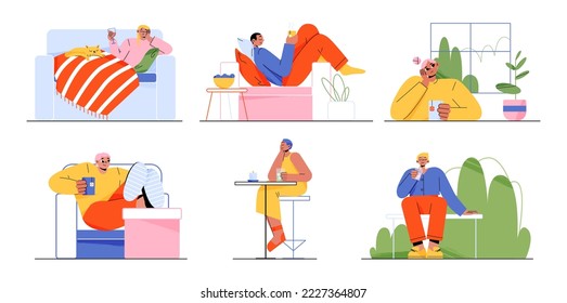 People relax with drinks at home, in bar and outside. Man with tea cup in chair, woman with wine glass and cat on sofa, girl with cocktail in bar, person with drink in park, vector flat illustration