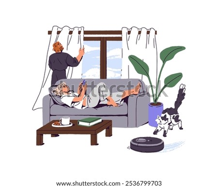 People relax during robot vacuum cleaner does housework. Cute cat is afraid of modern device for housekeeping. Cleanup of living room, cleaning. Flat isolated vector illustration on white background
