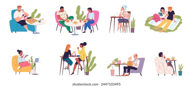 People relax eating. Relaxing leisure cafeteria, couple on chairs eating food in cafe dinner or home, business lunch breakfast coffee break dining meal vector illustration of cafeteria restaurant