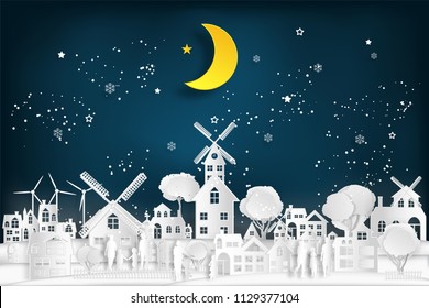 People relax and family in the cityscape with urban countryside with half moon and snow as Merry christmas and winter season,paper art and digital craft style concept. vector illustration.