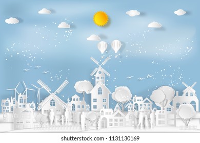 People relax and family in the cityscape with urban countryside with sunny and snow as Merry christmas and winter season,paper art and digital craft style concept. vector illustration.