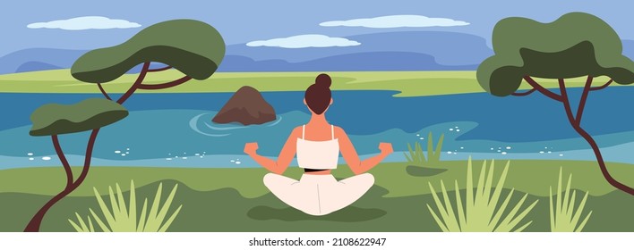 People relax flat background with young woman doing yoga exercise on lawn by river vector illustration