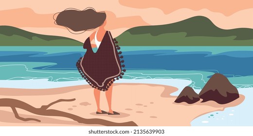 La gente relaja la composición plana con una mujer solitaria en la orilla del río y contemplando la belleza de la ilustración vectorial de la naturaleza