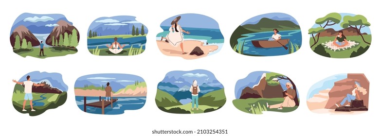 People relax flat compositions set of tourists travelers and backpackers rowing meditating looking at view isolated vector illustration