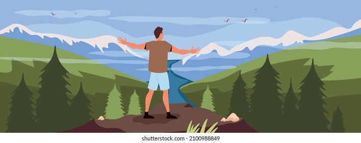 People relax flat illustration with man standing on mountain top looking at view vector illustration