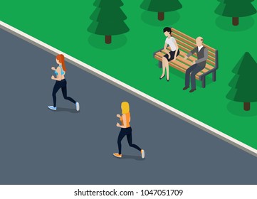 People relax in a green park vector illustration 3D isometric