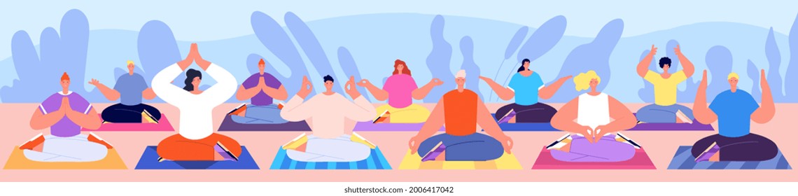 People relax group. Meditating character, yoga class meditate poses. Spiritual wellbeing practice or retreat, young sit crossed legs utter vector scene