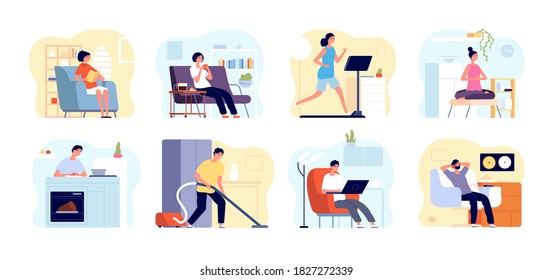 People relax home. Man read book, apartments interiors with leisuring persons. Weekend time, home yoga meditation, cooking vector concept