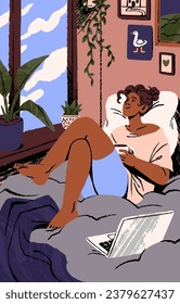 People relax at home postcard. Woman lying on bed, hold cup of tea in hand. Girl spend time alone in cozy house. Person rest, looking out window, dreaming in leisure, weekend. Flat vector illustration