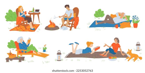 People relax in nature, on picnic or camping site, flat characters set vector illustration isolated on white background. Glamping and camping vacation.