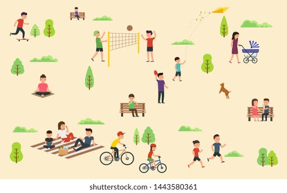 People relax in nature in the park. Leisure in the fresh air, riding bicycle skateboard, playing with ball, walking the dog in park, yoga sessions, family outdoor recreation with a picnic.