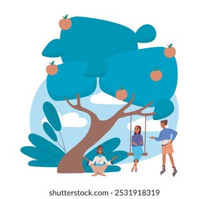 People relax near tree. Women near tree with oranges or apples and swing. Rest and relaxation outdoors. Leisure in city park. Flat vector illustration isolated on white background