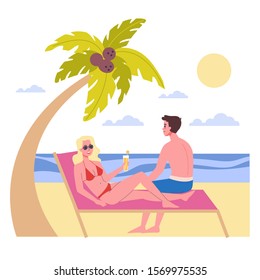 People relax on the beach. Couple spend time outdoor on summer, having a sunbath. Isolated vector illustration in cartoon style