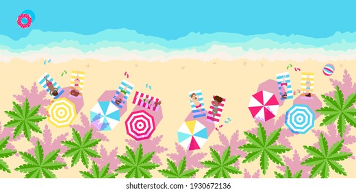 people relax on beach  with palm trees.  Horizontal banner in cartoon style. Inscription Summer time, place for your text. Vector illustration 