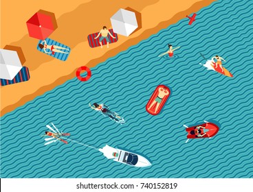 People relax on the beach and swimming in the sea. Top view. Flat style.